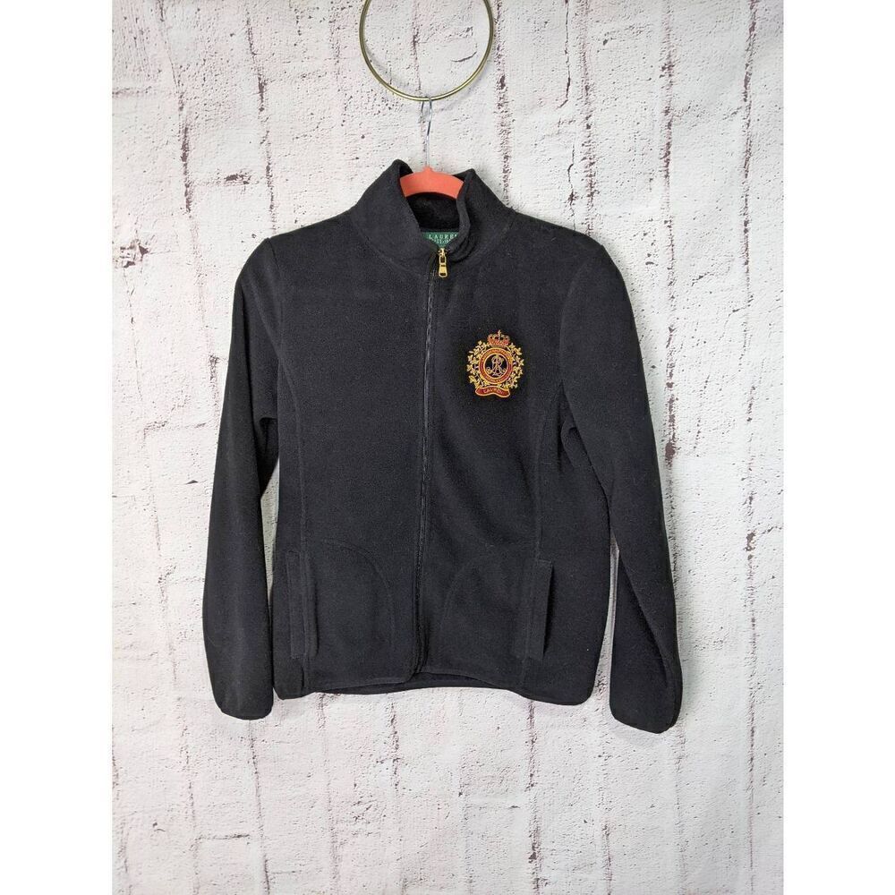 Lauren Ralph Lauren Black‎ Fleece Full Zip Size Petite M Crest Logo Embroidered